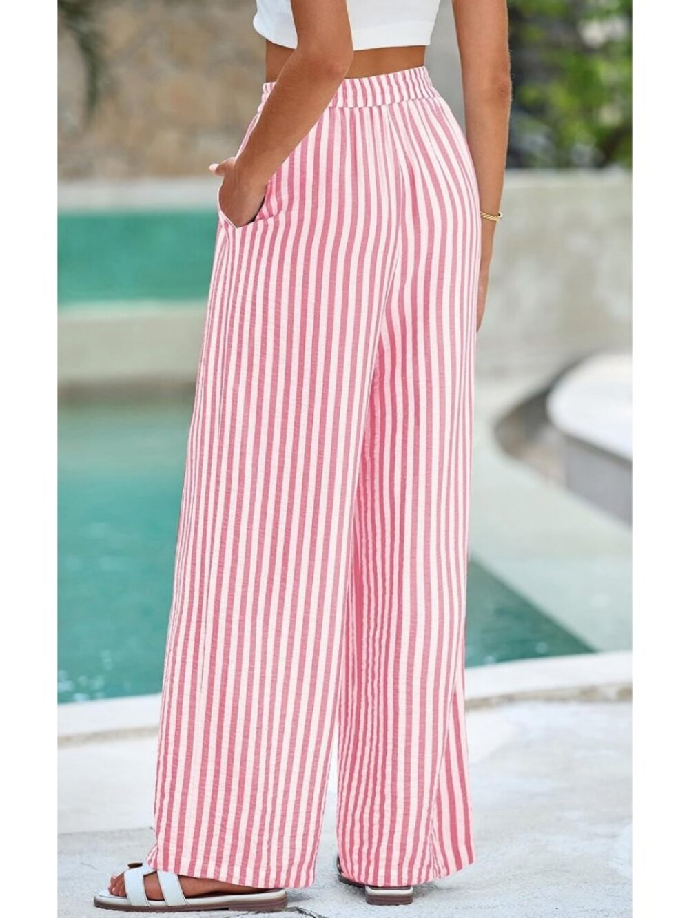 Lightweight Striped Palazzo Pants for Women | Elastic Waist, Comfy & Stylish - Picture 3 of 6
